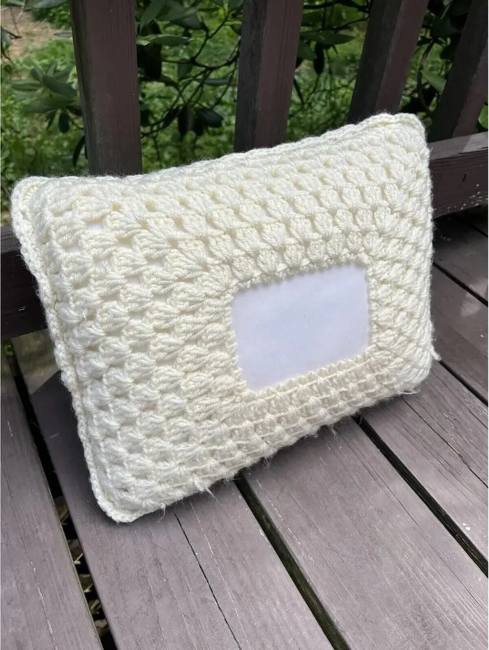 15 X 12 Rectangle Cream Crocheted Pillow With Vinyl Picture Window